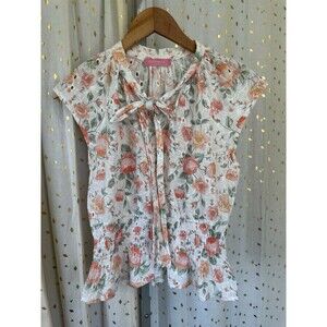 JJ's Fairyland Floral Embroidered Eyelet Self Tie Neck Smocked Waist Blouse S